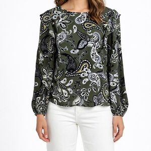 Loft olive green paisley print floral long sleeve shoulder ruffle accents Top MP